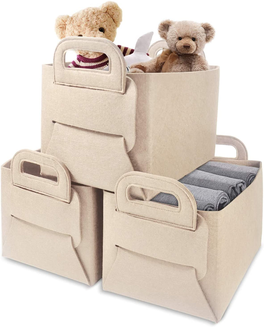 GOHOME 3 Packs Beige Felt Foldable Storage Cubes for Home Organizing