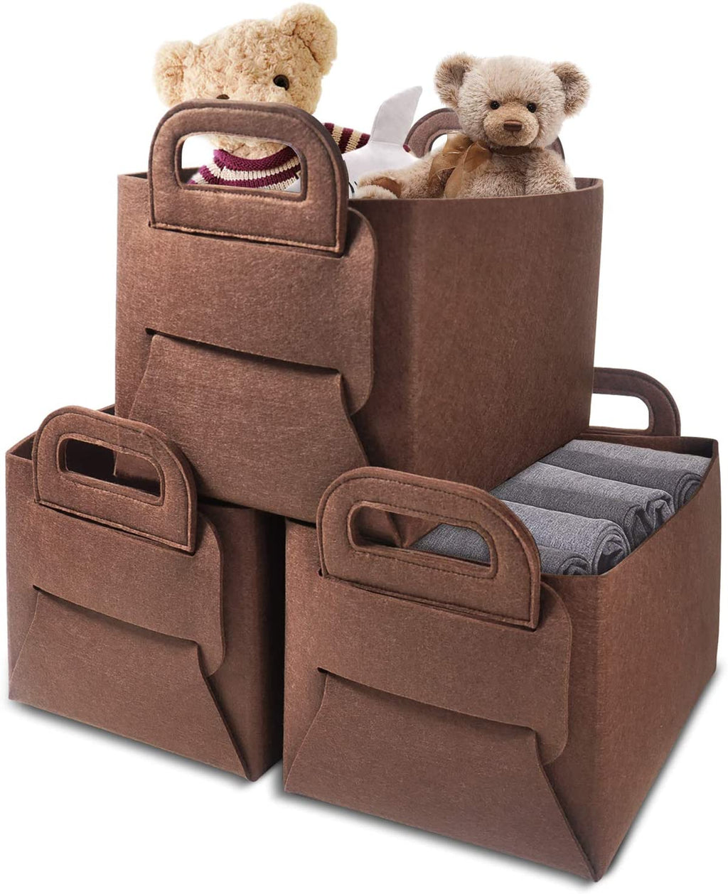 GOHOME 3 Packs Brown Felt Foldable Storage Cubes for Home Organizing