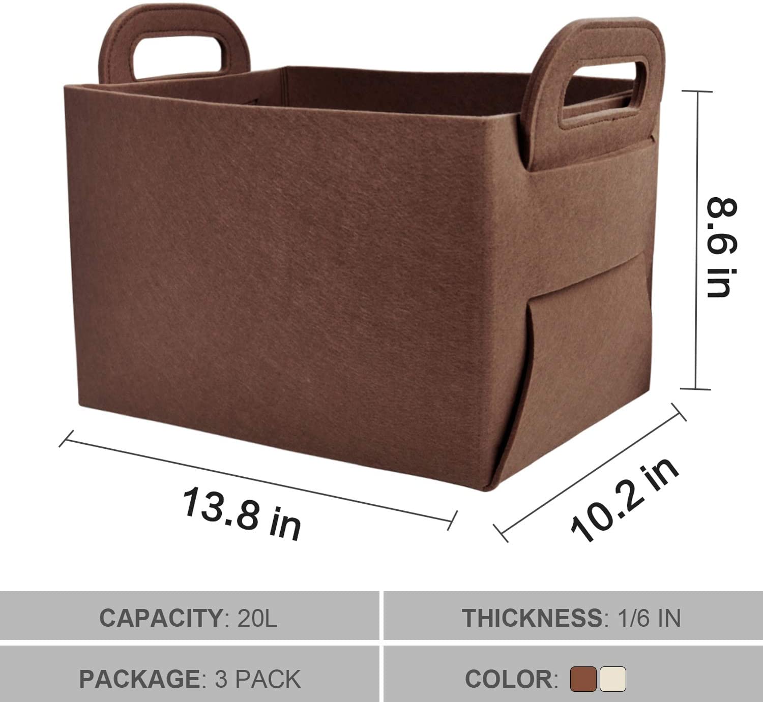 GOHOME 3 Packs Brown Felt Foldable Storage Cubes for Home Organizing